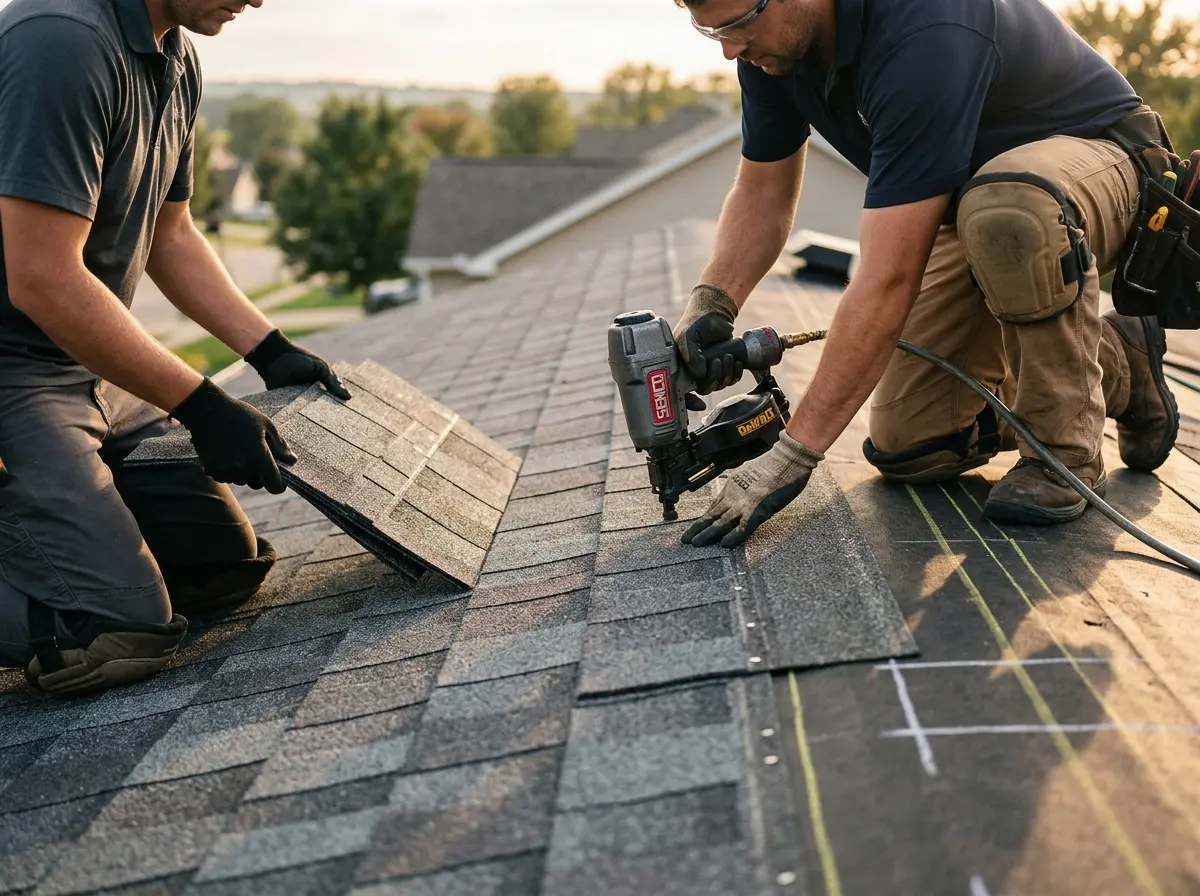 Professional roofer working on a residential roof in West Richland
